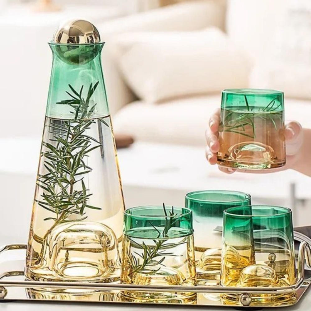 Green Amber Gradient Water Cocktail Drink Set, Decanter + 4 Glasses